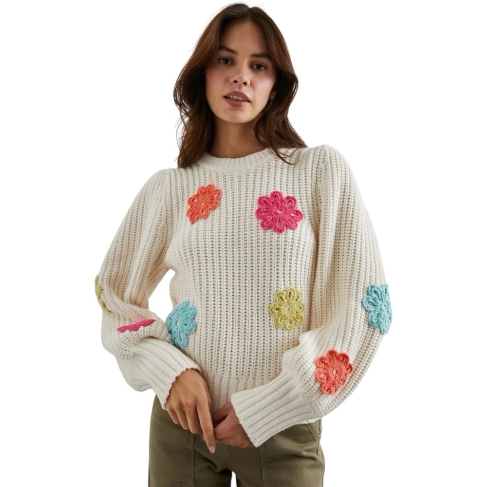 Rails Romy Sweater Ivory Multi Colored Daisies Chunky  Knit Crochet XS - Current